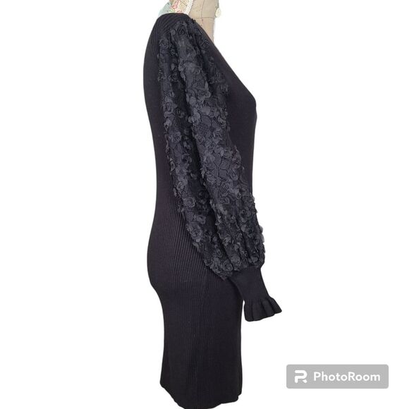 LUSH Size Small Black Knit Sweater Mini Dress 3D Floral Sheer Balloon Sleeve NWT - Picture 6 of 14